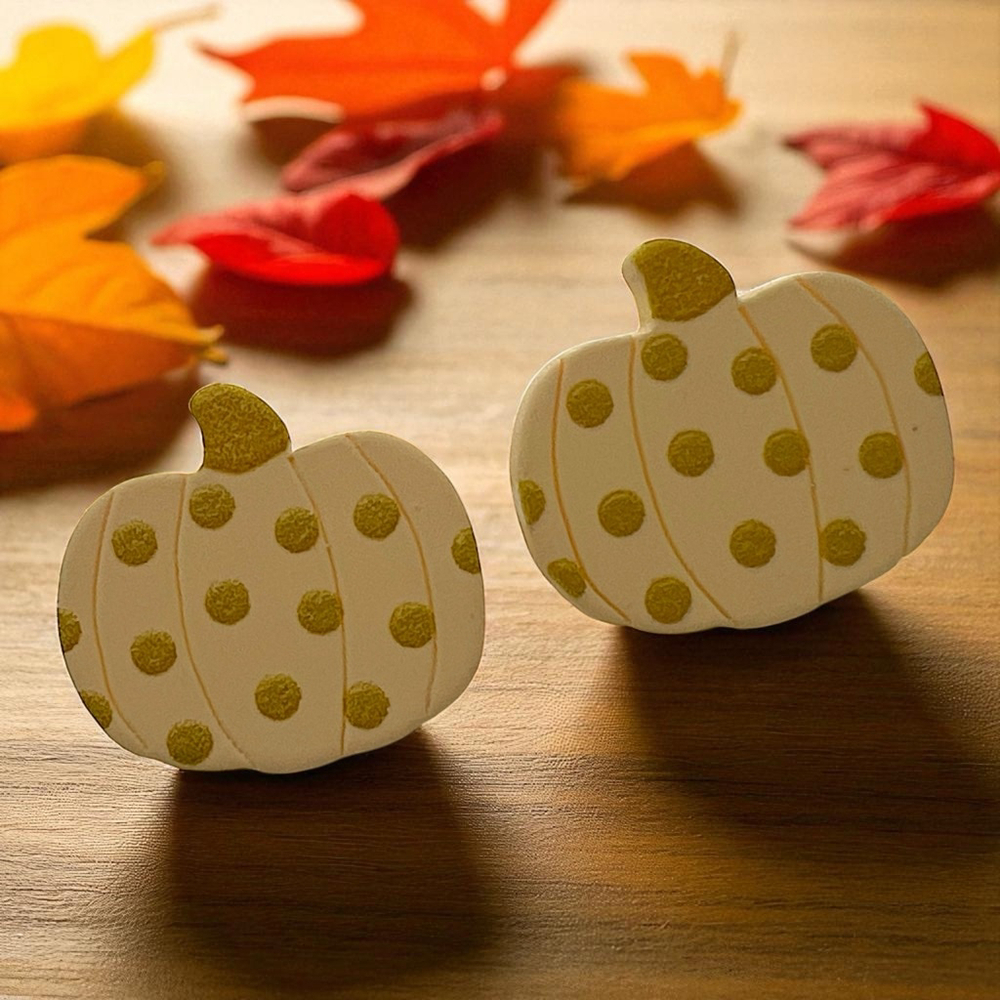 Yellow Polka Dot Pumpkin Stud Earrings Polymer Clay Fall Autumn Jewelry